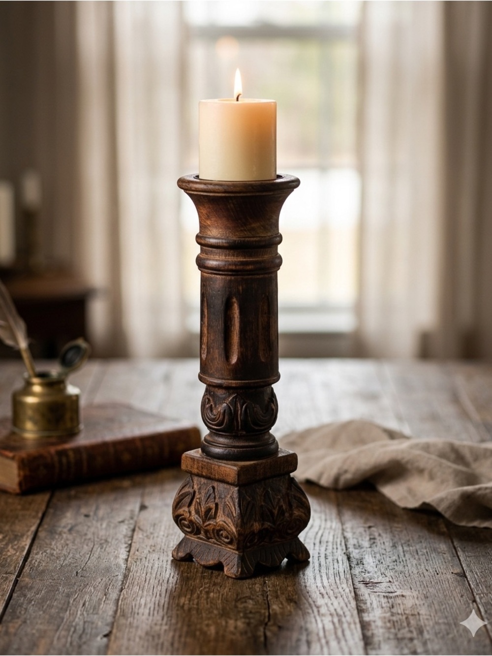 VINTAGE 14” Ornate Hand Carved Wood Pillar Candle Holder
